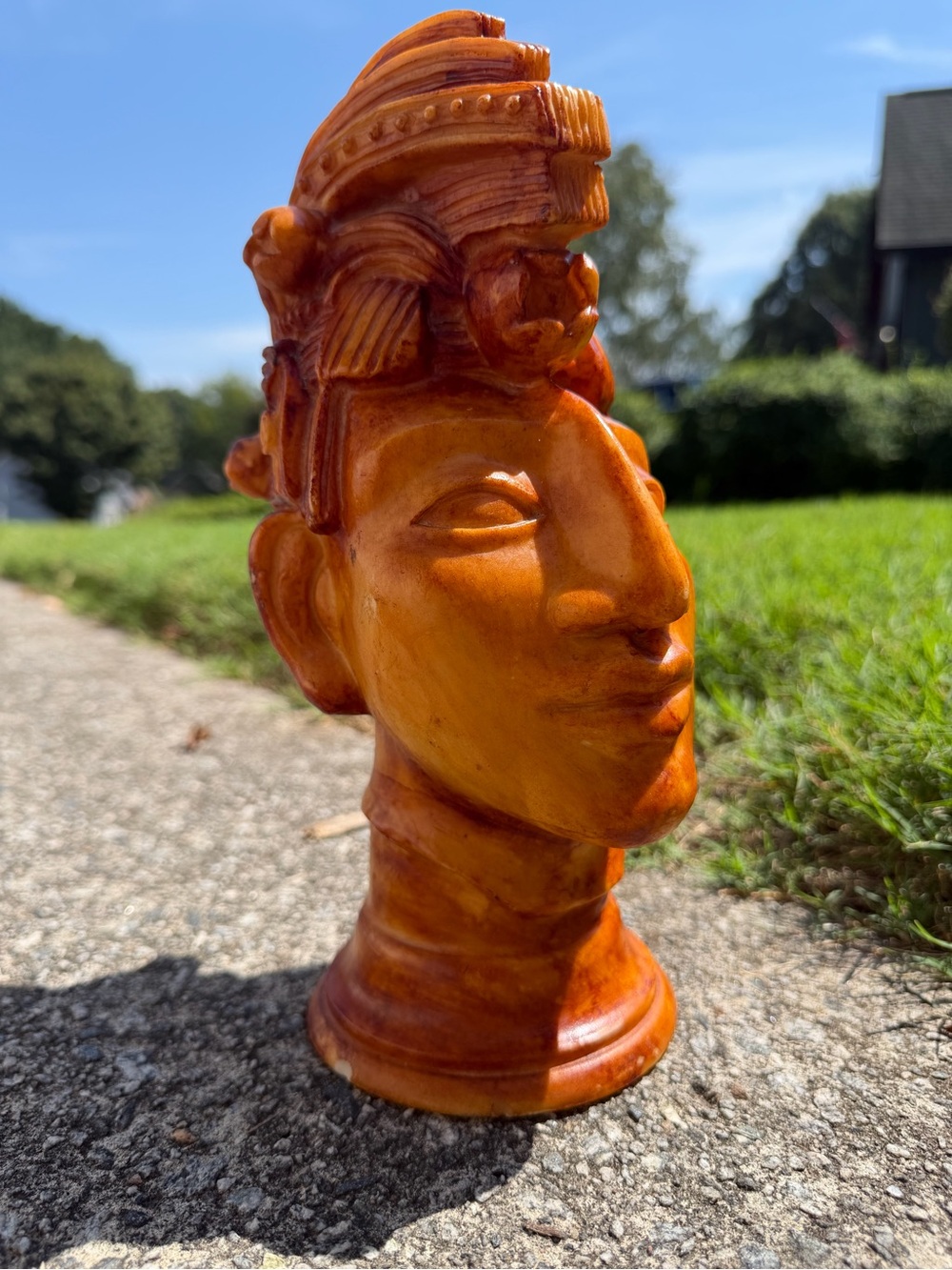 Sculpture of Mayan Chief Head Mounted on Stone 11”